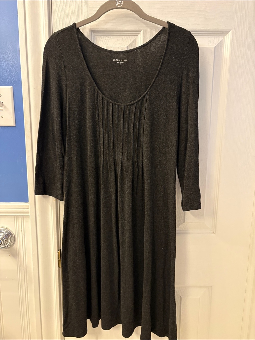 Eileen Fisher Black Pleated Front Scoop-Neck Knit Dress, size s